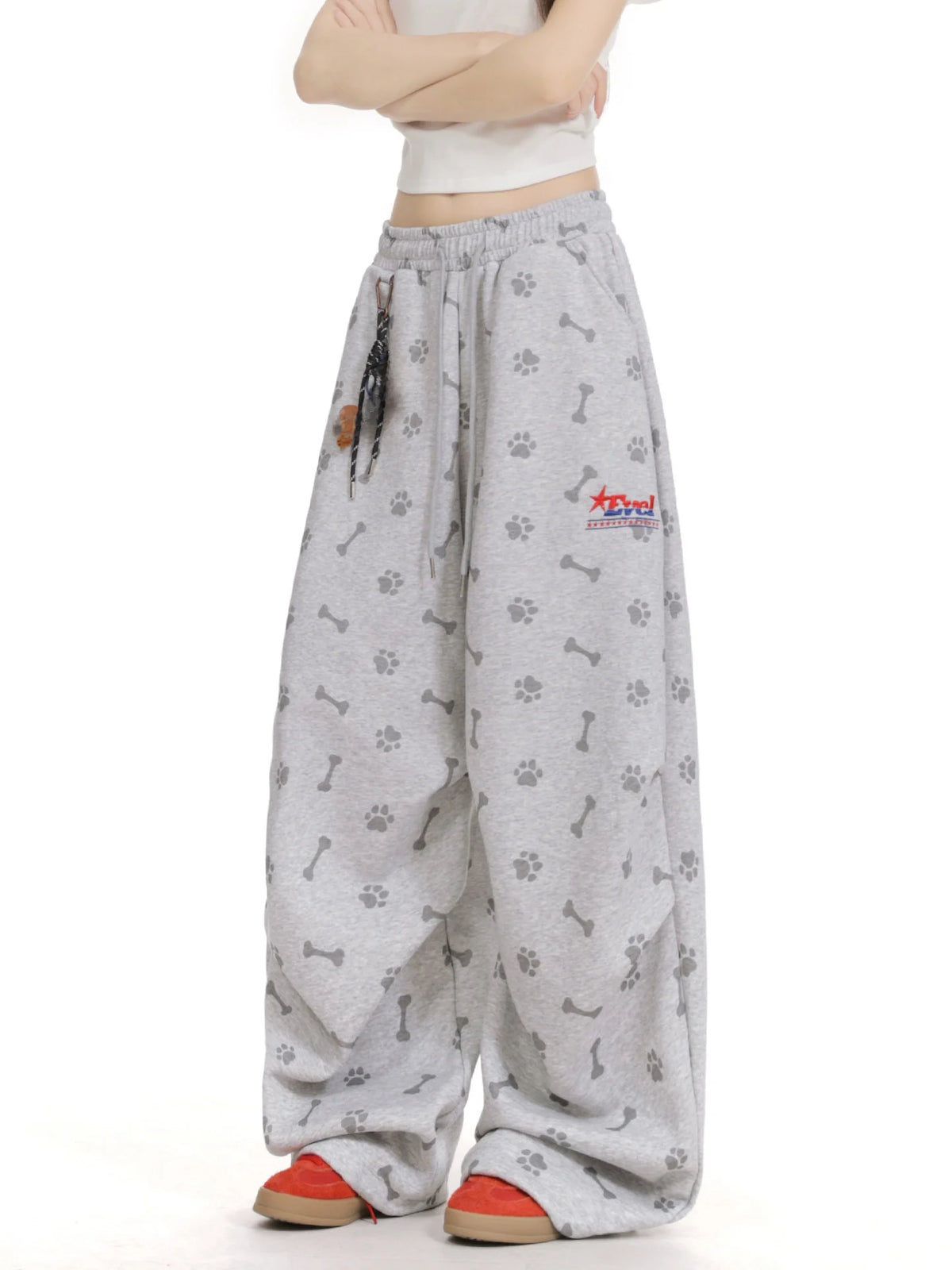 Women’s Dog Paw & Bone Print Sweatpants – Loose Wide-Leg Straight-Leg Trousers | American Streetwear Style