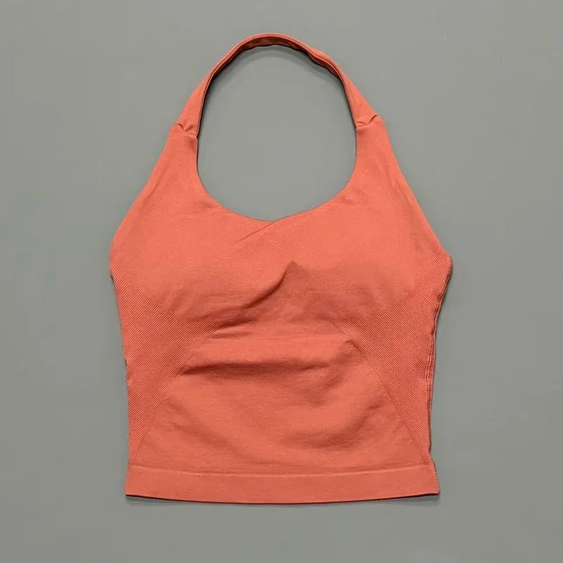 Women's Seamless Halterneck Longline Sports Tank Top – Ruched Gym Activewear