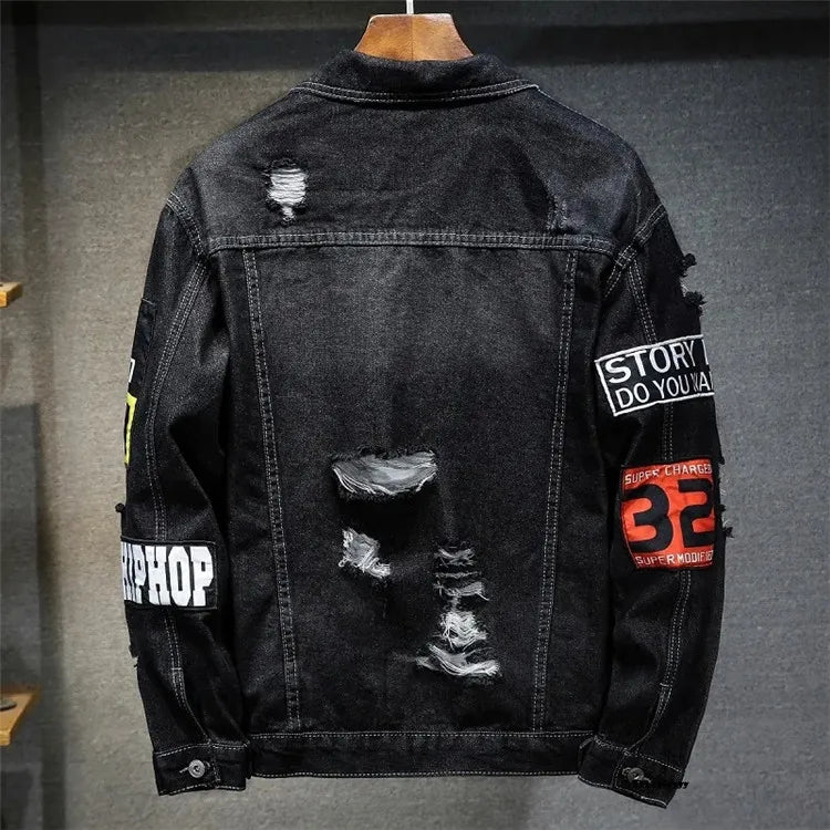 Men Brand Denim Jacket Streetwear Punk Motorcycle Ripped Male Jeans Outwear