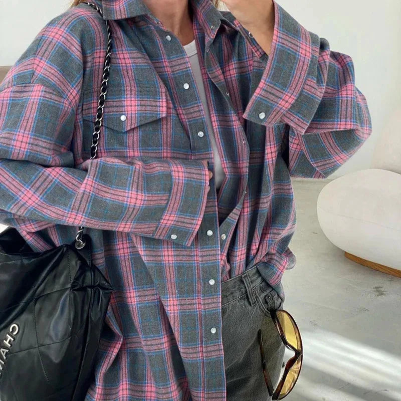 Women’s Oversized Plaid Shirt | Vintage Korean Style Long Sleeve Button-Up Blouse with Pocket – Autumn Winter