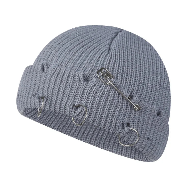 Women’s Y2K Gothic Beanie – Winter Knit Skull Cap with Metal Ring Detail, Harajuku Hip Hop Streetwear Hat