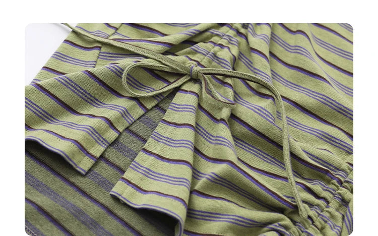 Women’s Contrast Stripe T-Shirt – Slim Fit Pleated Short-Sleeve Top | Spring & Autumn