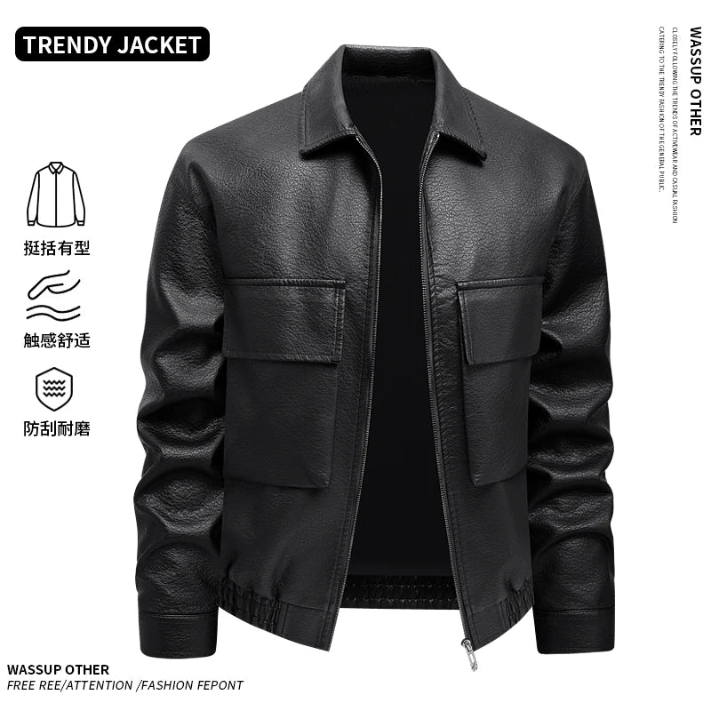 Men’s Slim-Fit Leather Jacket – Korean Lapel Windbreaker Coat | Stylish Spring & Autumn Casual Outerwear