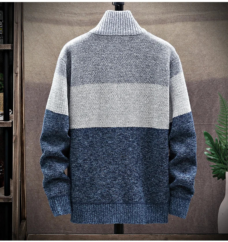 Men’s Winter Fleece Cardigan – Zipper Knit Sweater, Striped Casual Jacket