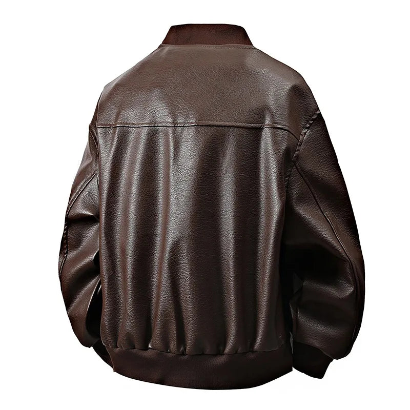 Men’s American-Style Leather Jacket – Baseball Collar Silk-Lined Bomber | Loose-Fit Spring Casual Outerwear