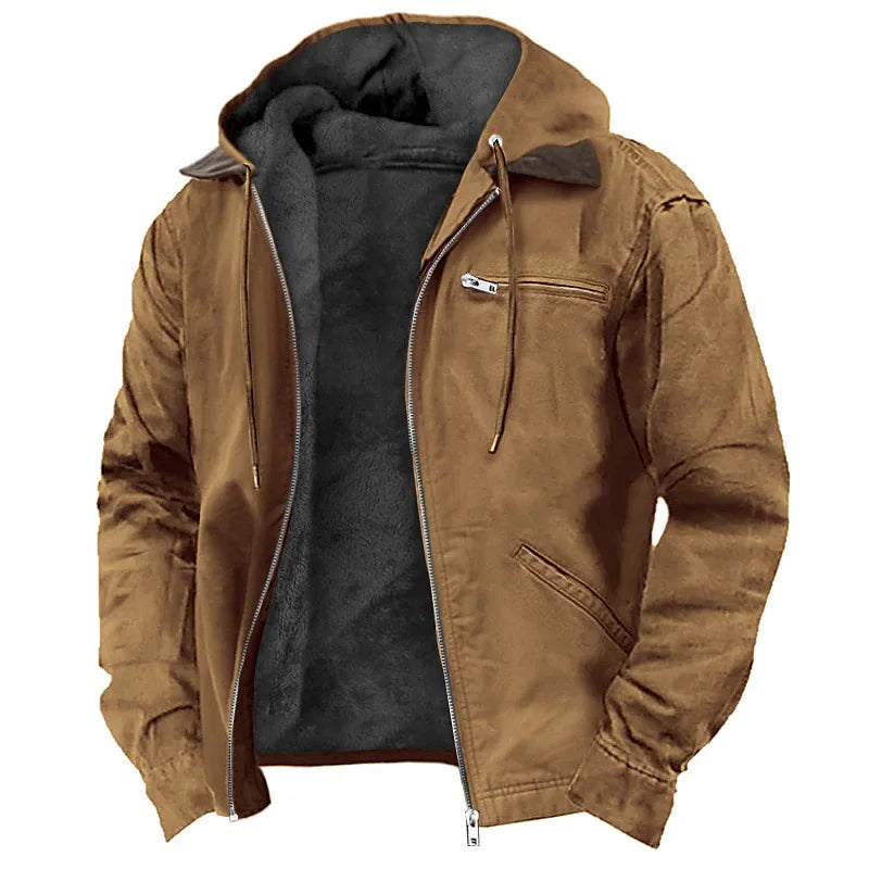 Men’s Fleece-Lined Hooded Jacket – Warm Winter Casual Zipper Coat with Multi Pockets