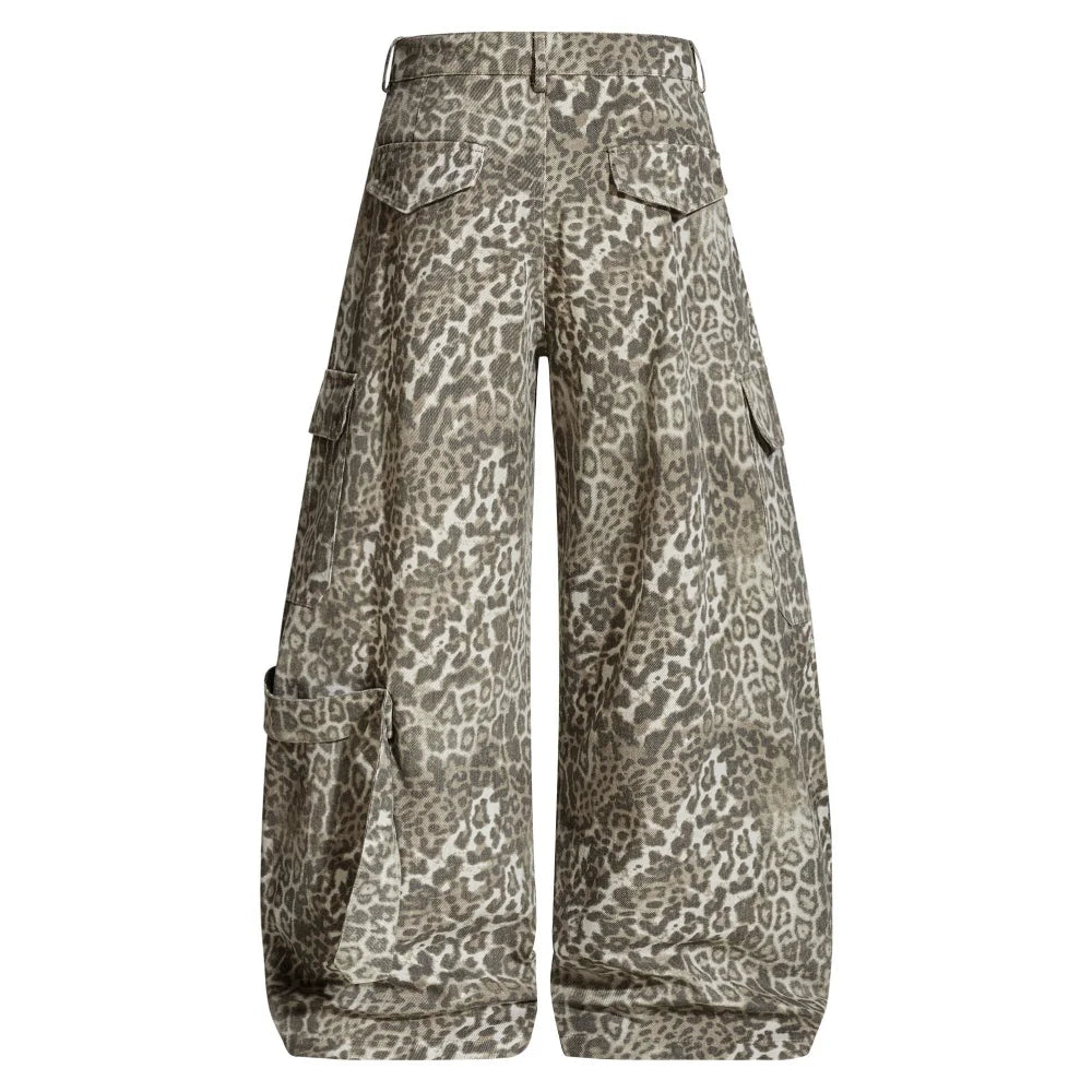 Men’s Leopard Cargo Pants – Multi-Pocket Pleated Banana Trousers | Hip-Hop Streetwear