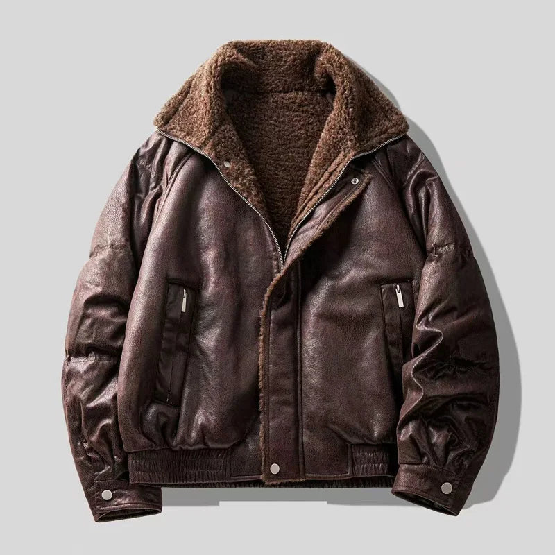 Men’s Faux Fur-Lined Leather Jacket – Warm Motorcycle-Inspired Coat | Vintage Loose-Fit Winter Streetwear Outerwearja
