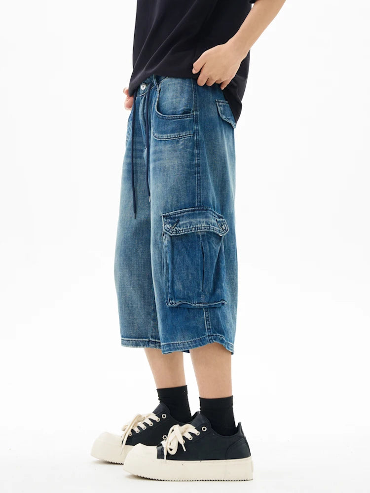 Men’s Washed Denim Cropped Pants – Loose Wide-Leg Multi-Pocket Streetwear Jeans