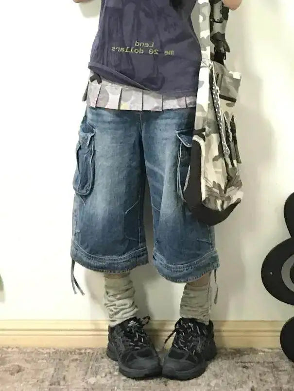 Women's American Retro Cargo Denim Jorts – Y2K Boyfriend-Fit Calf-Length Harajuku High Street Shorts