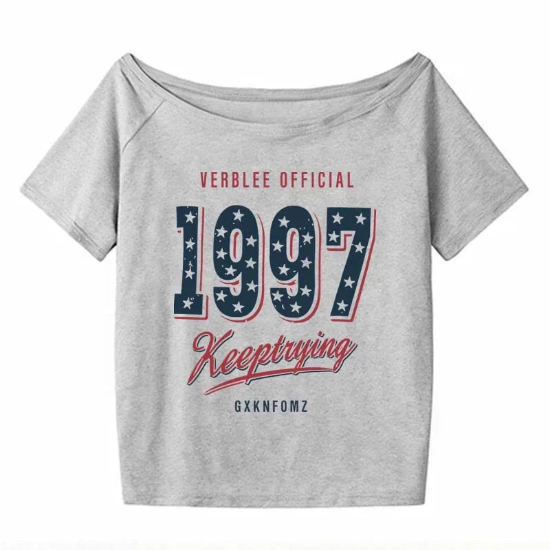 Women’s Summer Letter Print T-Shirt – American Retro Star Short Sleeve Slim Fit Streetwear Top