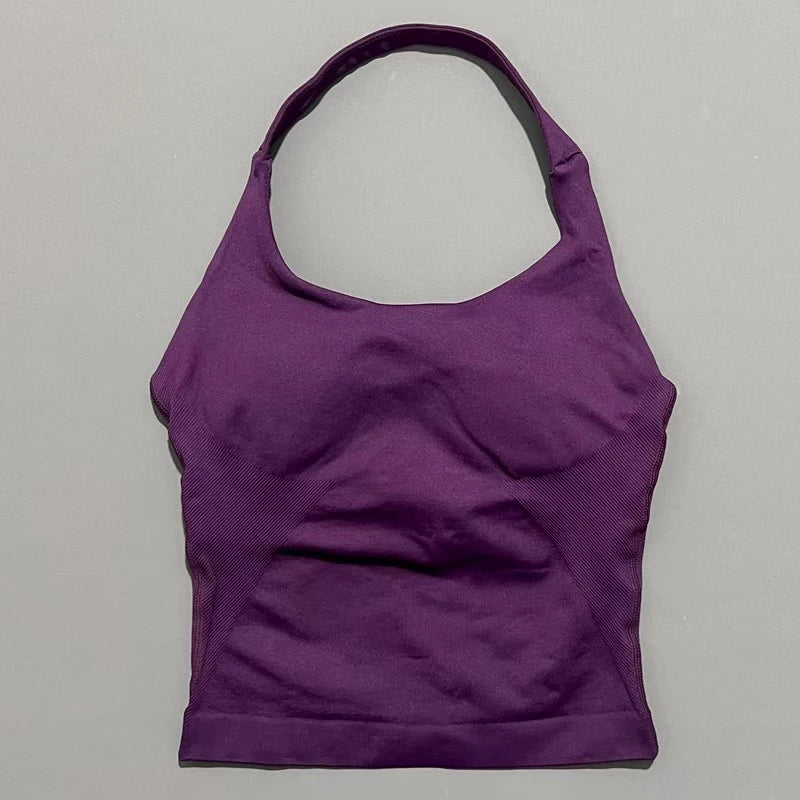 Women's Seamless Halterneck Longline Sports Tank Top – Ruched Gym Activewear