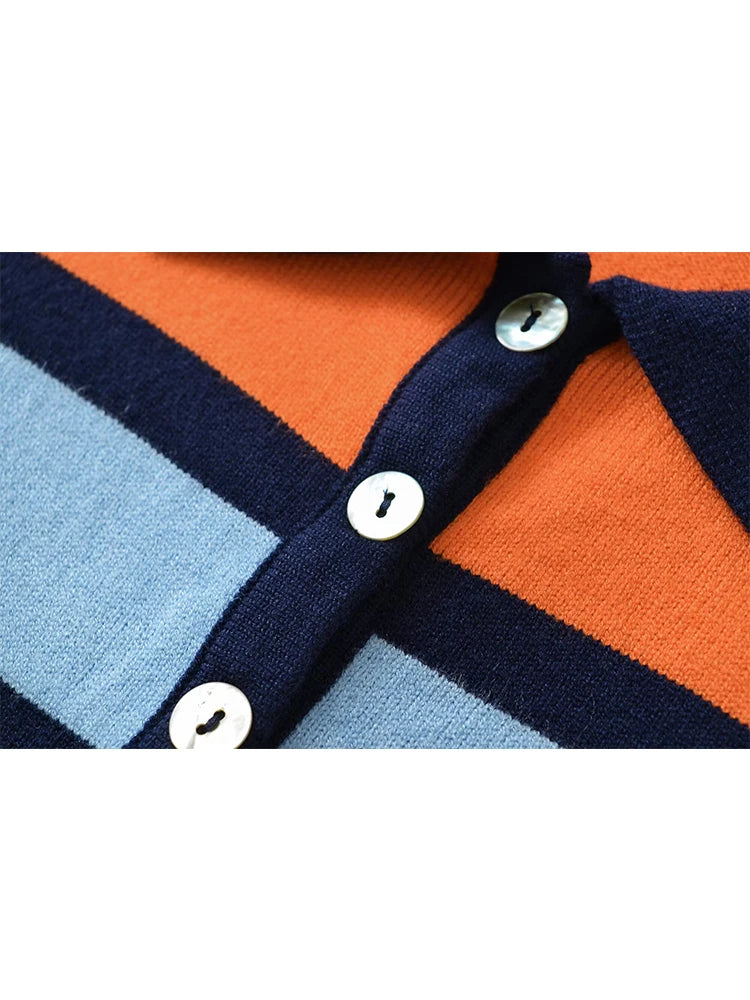 Women’s Striped Knitted Polo Shirt – Colorful Short Sleeve Summer Pullover Top