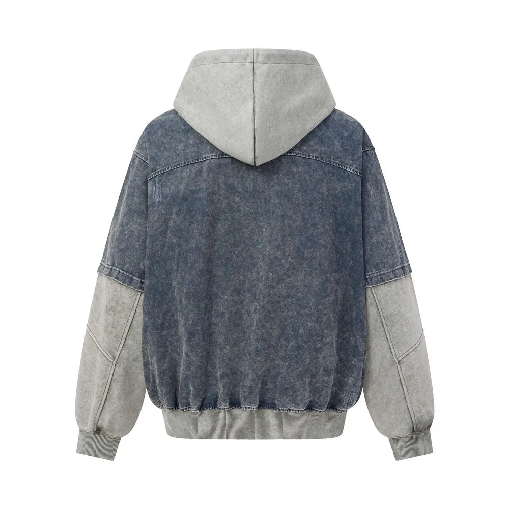 Unisex Oversized Distressed Hoodie – Washed Color Block Goth Grunge Zip-Up Sweatshirt, Y2K Streetwear Top