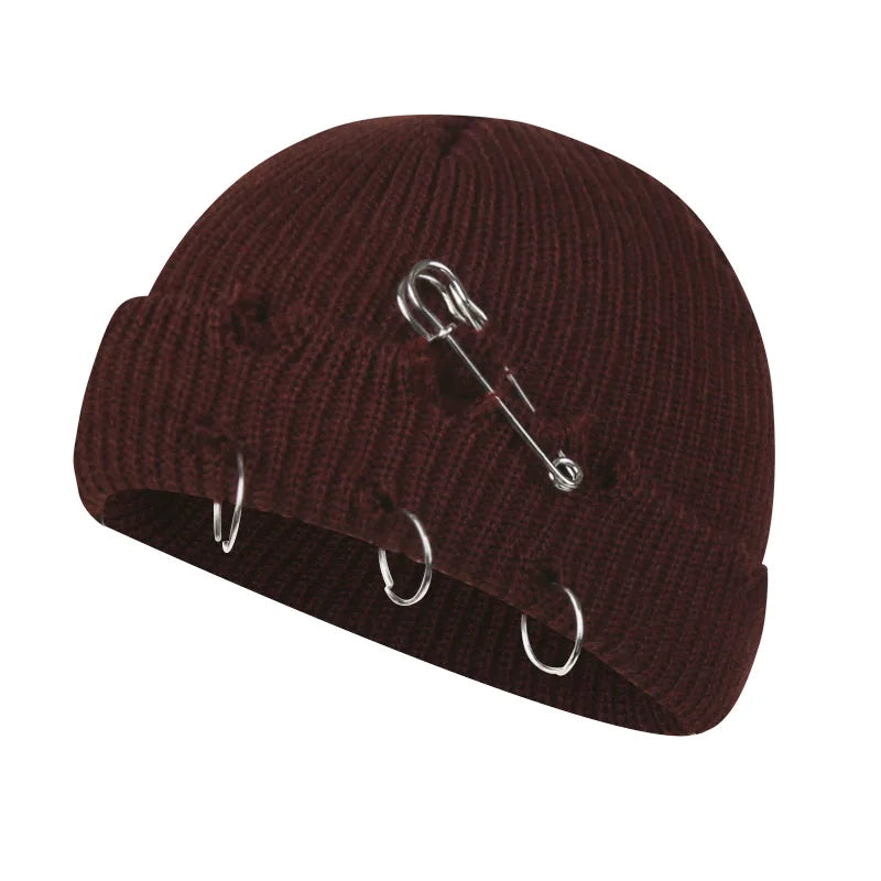 Women’s Y2K Gothic Beanie – Winter Knit Skull Cap with Metal Ring Detail, Harajuku Hip Hop Streetwear Hat