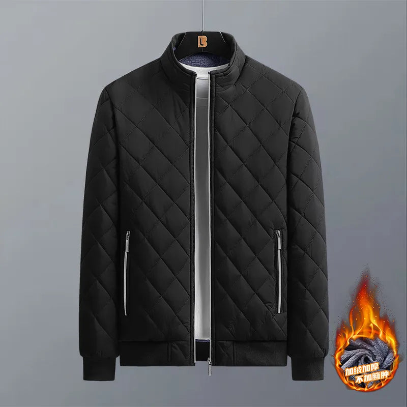 Men’s Winter Bomber Jacket – Diamond Pattern Fleece-Lined Casual Coat
