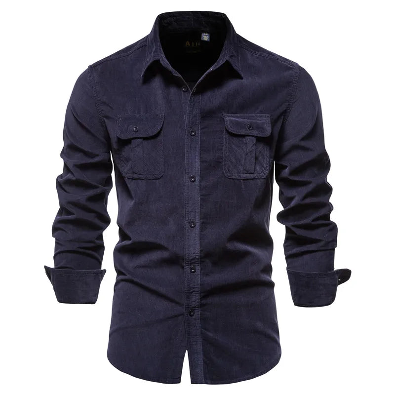Men’s 100% Cotton Corduroy Shirt – Slim Fit Single-Breasted Casual Shirt