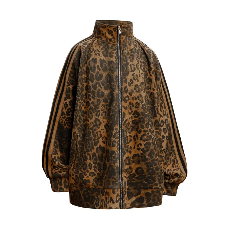 Unisex Leopard Print Suede Jacket – Vintage Stand Collar Zip-Up Coat, Harajuku Hip Hop Streetwear Outerwear