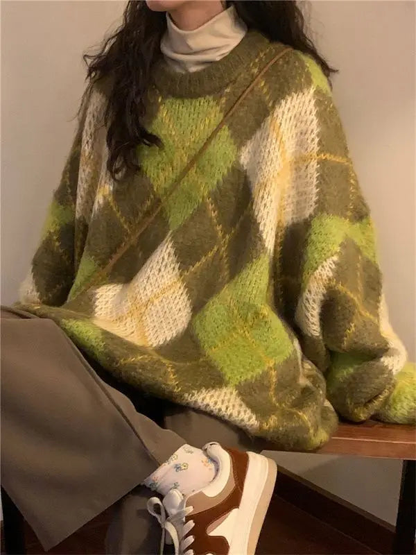 Women's Retro Argyle Pullover Sweater – Harajuku BF Style Oversized Knit