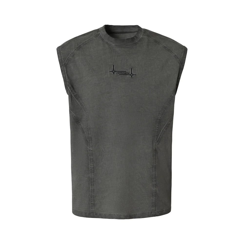 Men’s Washed Embroidered Tank Top – Distressed Sleeveless Crew Neck | Relaxed Summer Casual Streetwear