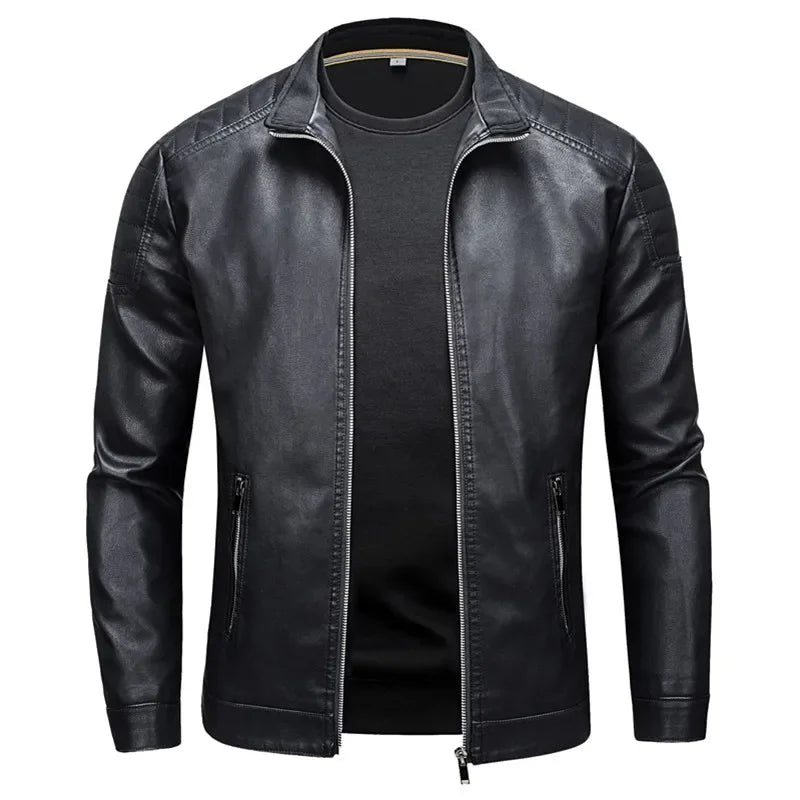 Men’s Stand Collar Leather Jacket – Slim Korean Style Casual Fashion Jacket