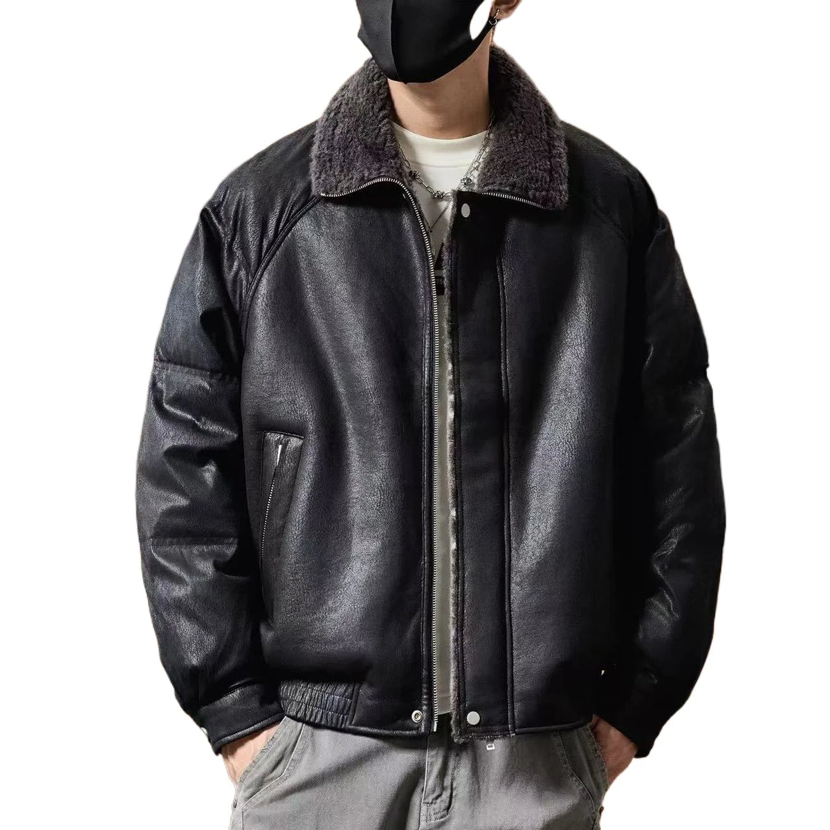 Men’s Faux Fur-Lined Leather Jacket – Warm Motorcycle-Inspired Coat | Vintage Loose-Fit Winter Streetwear Outerwearja