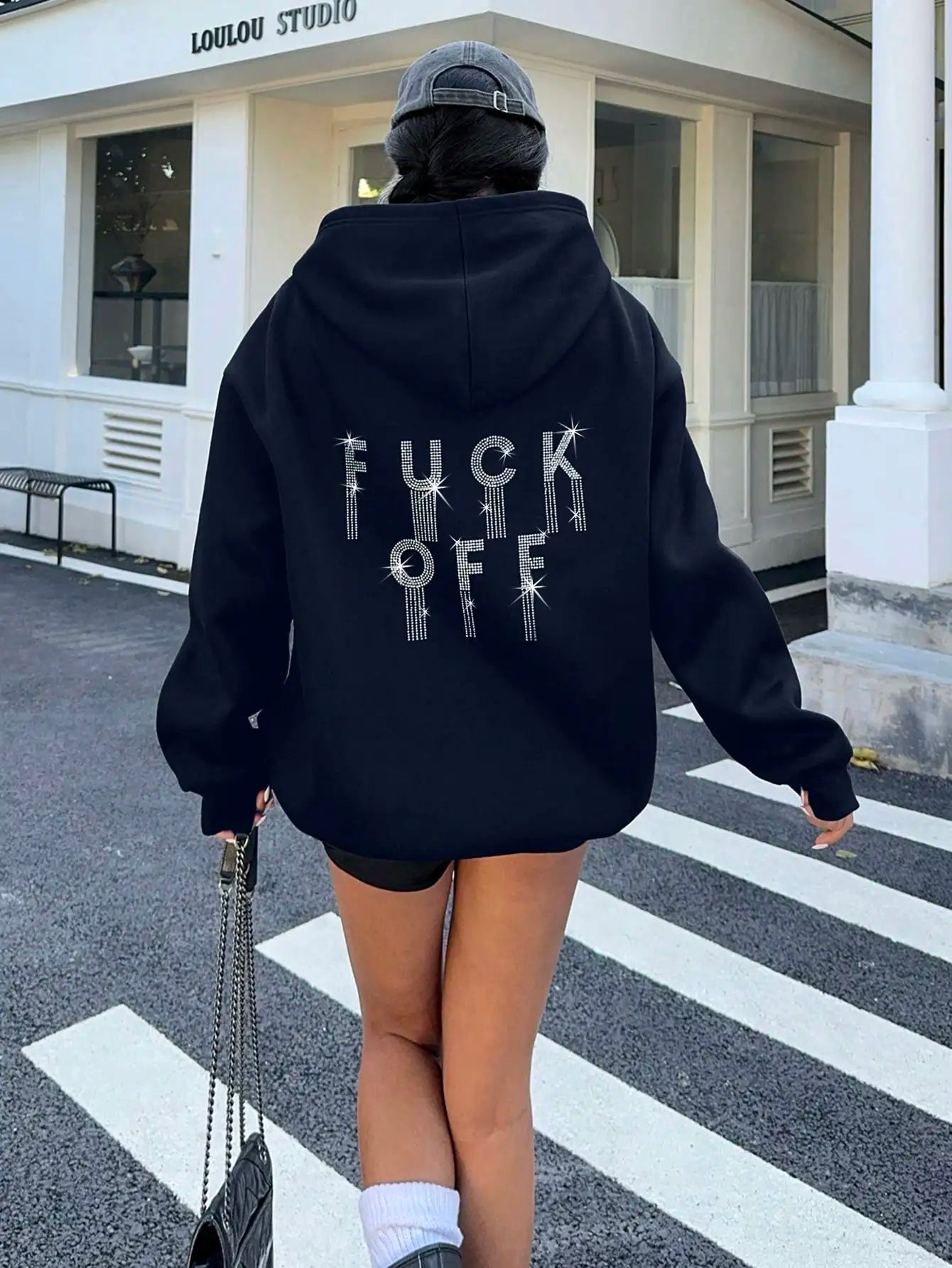 Women's Rhinestone Letter Graphic Hoodie – Casual Loose Thermal Sweatshirt