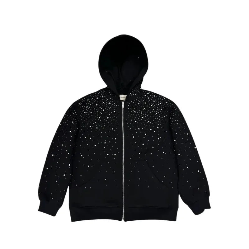 Unisex Starry Sky Rhinestone Hoodie – Sparkling Zip-Up Streetwear Sweatshirt, European & American Fashion Style