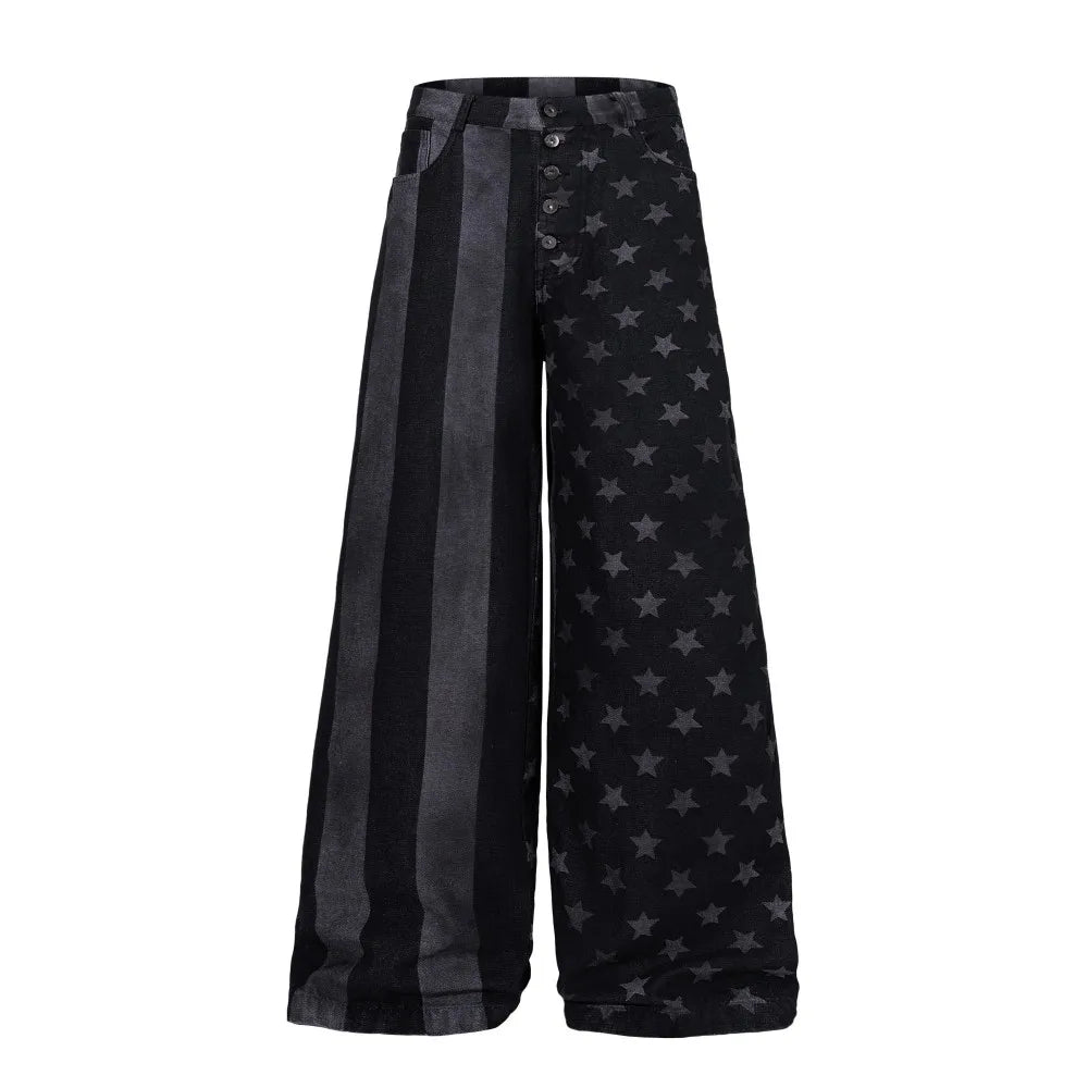 PFNW Men’s Retro Striped Wide-Leg Jeans – Loose Fit Printed Denim Pants | American High-Street Streetwear