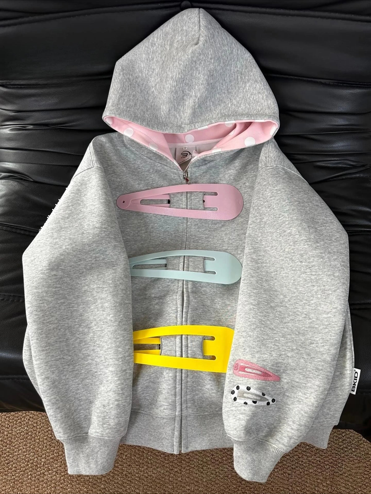 Retro Polka Dot Hooded Sweatshirt Jacket – Detachable Hairpin Detail Zip-Up Punk Streetwear, Casual Spliced Outerwear