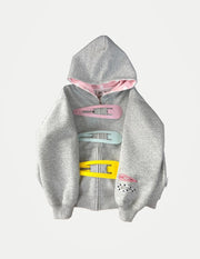 Retro Polka Dot Hooded Sweatshirt Jacket – Detachable Hairpin Detail Zip-Up Punk Streetwear, Casual Spliced Outerwear