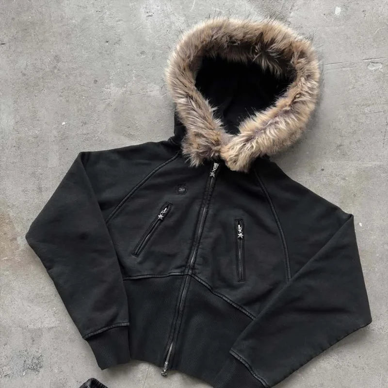 Unisex Y2K Faux Fur Collar Hoodie Jacket – Zip-Up Retro Punk Hip Hop Rock Streetwear Coat, Autumn & Winter