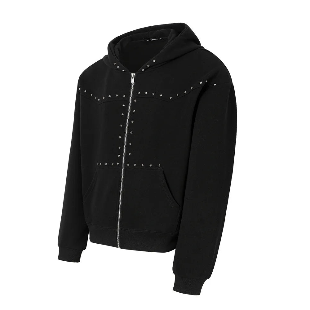 Men’s Studded Hooded Cardigan Sweatshirt – Loose-Fit Streetwear Jacket, Trendy Sporty Casual Top