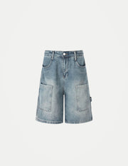 Men’s Retro Baggy Denim Shorts – Washed Distressed Knee-Length Carpenter Shorts | Loose Wide-Leg Casual Streetwear