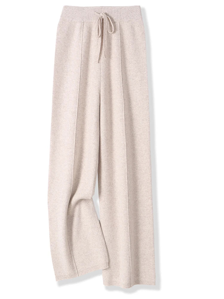 Women’s Merino Wool Wide Leg Pants – Soft Warm Knitted Casual Winter Trousers