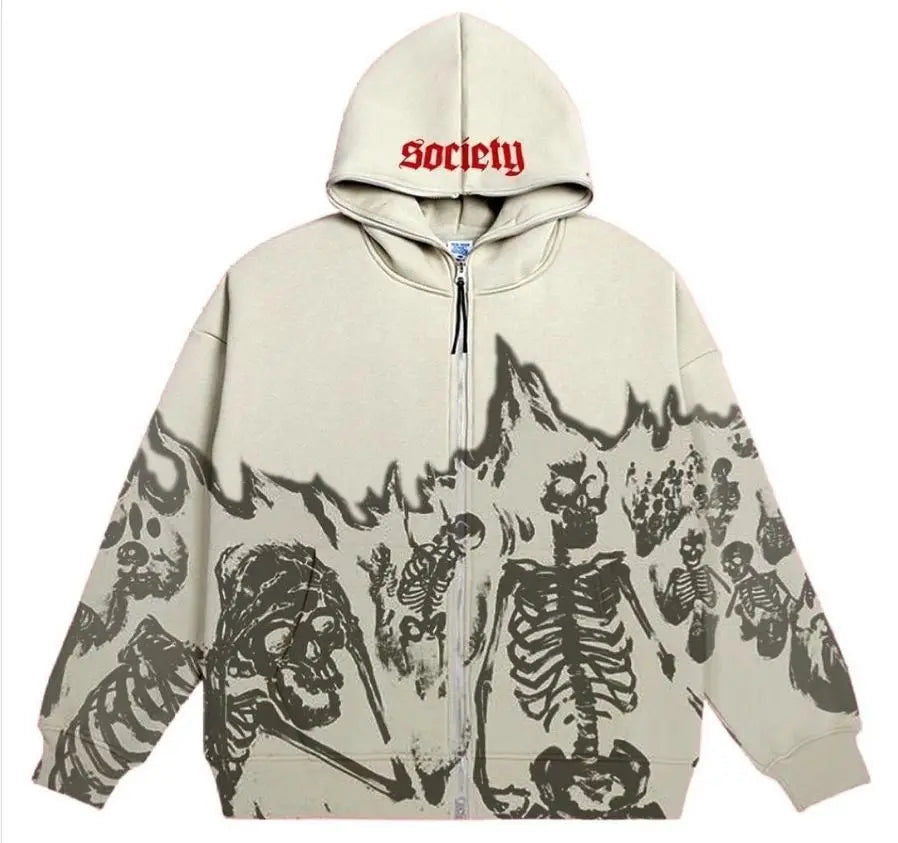 Unisex Y2K Skeleton Hoodie Jacket – Vintage Skull Print Zip-Up Sweatshirt, High Street Autumn & Winter Streetwear