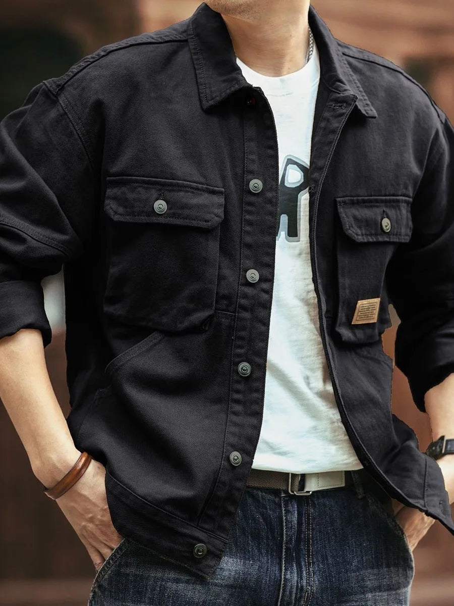 Men's Casual Loose Fit Denim Jacket – Multi-Pocket Workwear Streetwear Top
