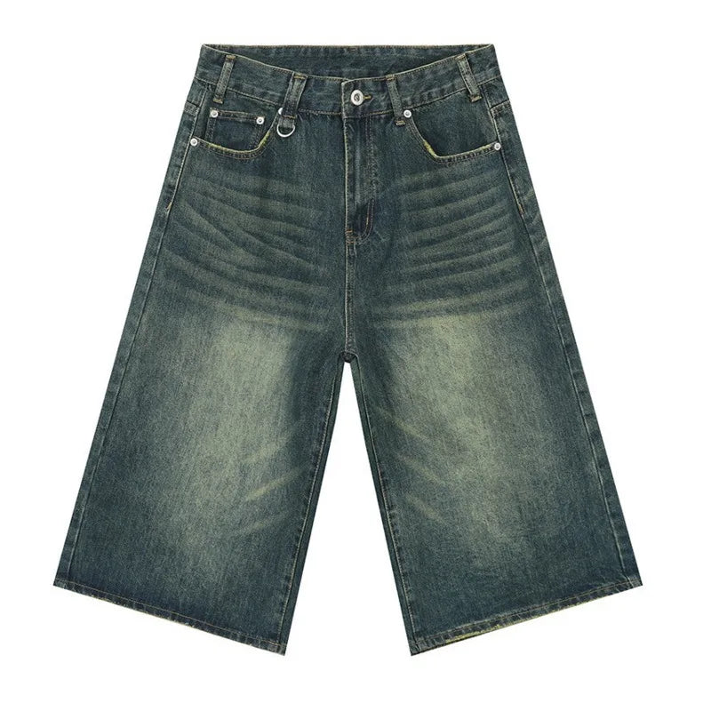 IEFB Men’s Vintage Wide-Leg Denim Shorts – Loose Fit Washed Knee-Length Jeans | Korean Summer Streetwear