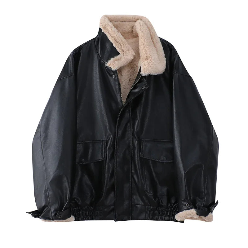 Women’s Faux Leather Fur-Lined Jacket – Warm Thick Vintage Motorcycle Coat, Long Sleeve Lapel Winter Outerwear