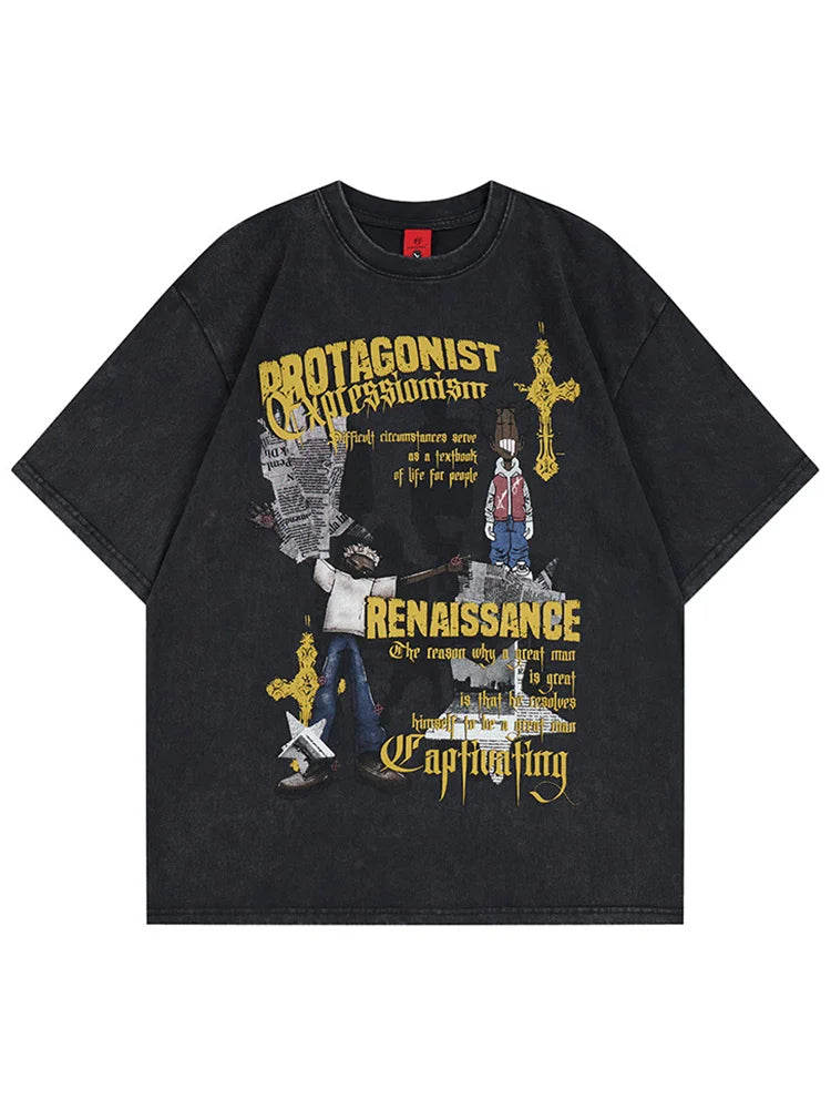 Unisex Retro American Letter Print T-Shirt – Loose Fit Cotton Casual Streetwear Top