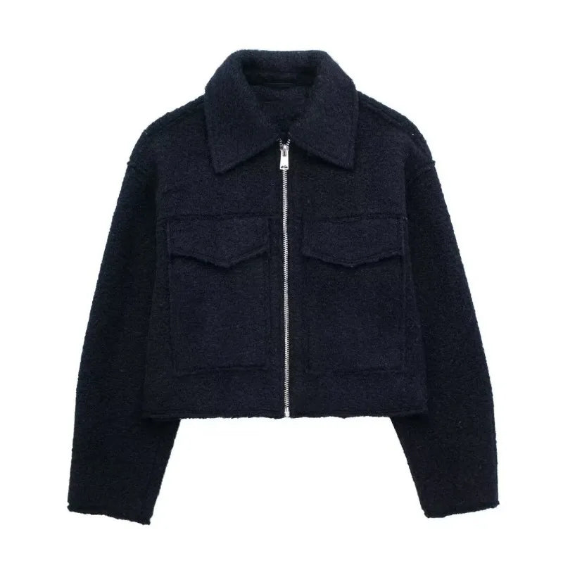 Women’s Winter Tweed Jacket – Warm Fleece-Lined Suede-Style Zip-Up Coat, Stylish Autumn & Winter Outerwear