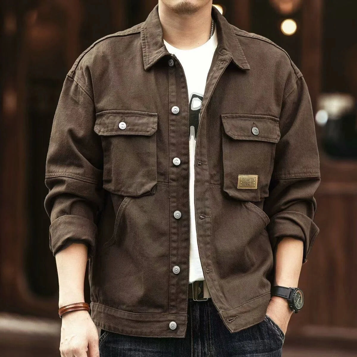 Men's Casual Loose Fit Denim Jacket – Multi-Pocket Workwear Streetwear Top