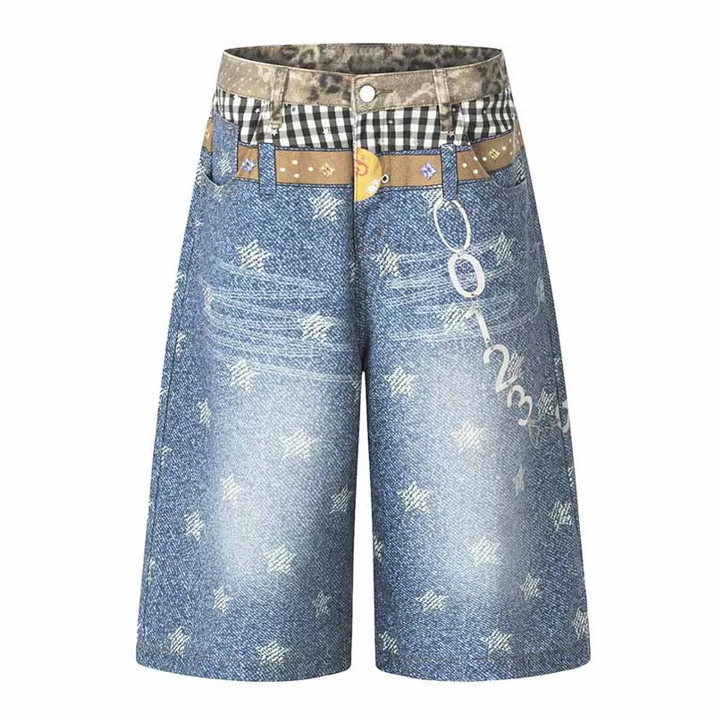 Men’s Star Print Denim Shorts – Vintage Blue Hip Hop Jorts | Harajuku Streetwear