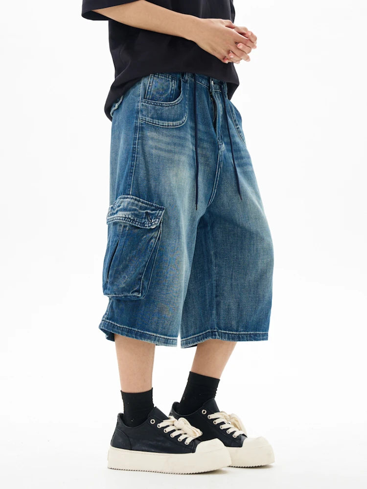 Men’s Washed Denim Cropped Pants – Loose Wide-Leg Multi-Pocket Streetwear Jeans