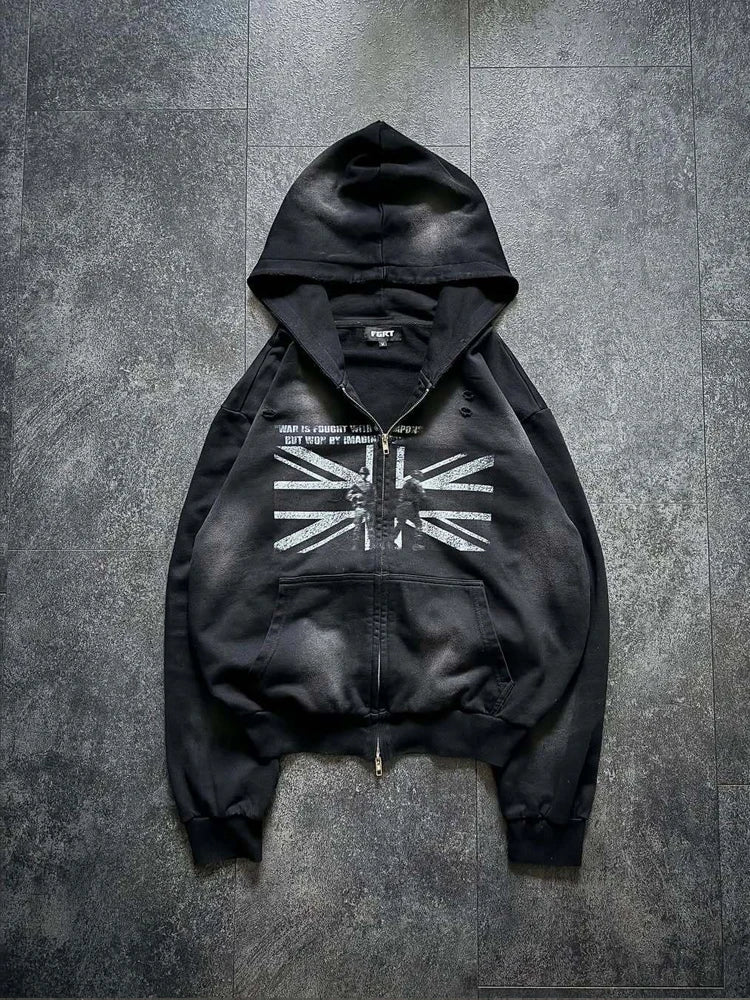 Unisex Y2K Faux Fur Collar Hoodie Jacket – Zip-Up Retro Punk Hip Hop Rock Streetwear Coat, Autumn & Winter