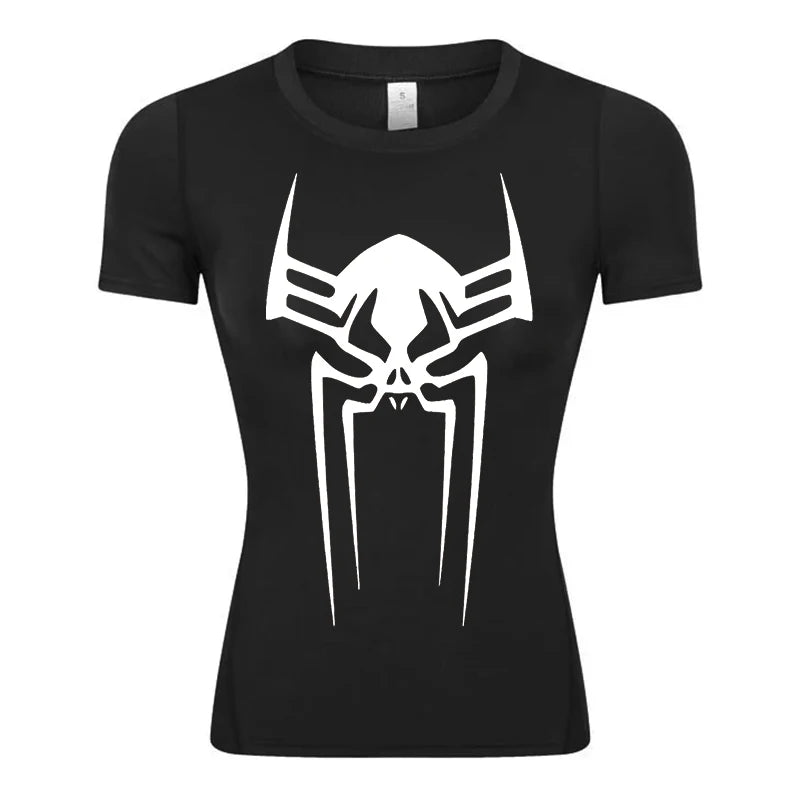 Women’s Spider Print Compression Shirt – Short Sleeve Athletic Top for Running, Gym & Yoga