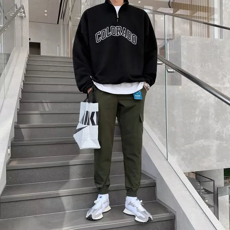 Men’s Half-Zip Sweatshirt – Letter Print Long Sleeve Streetwear Jacket for Spring & Autumn