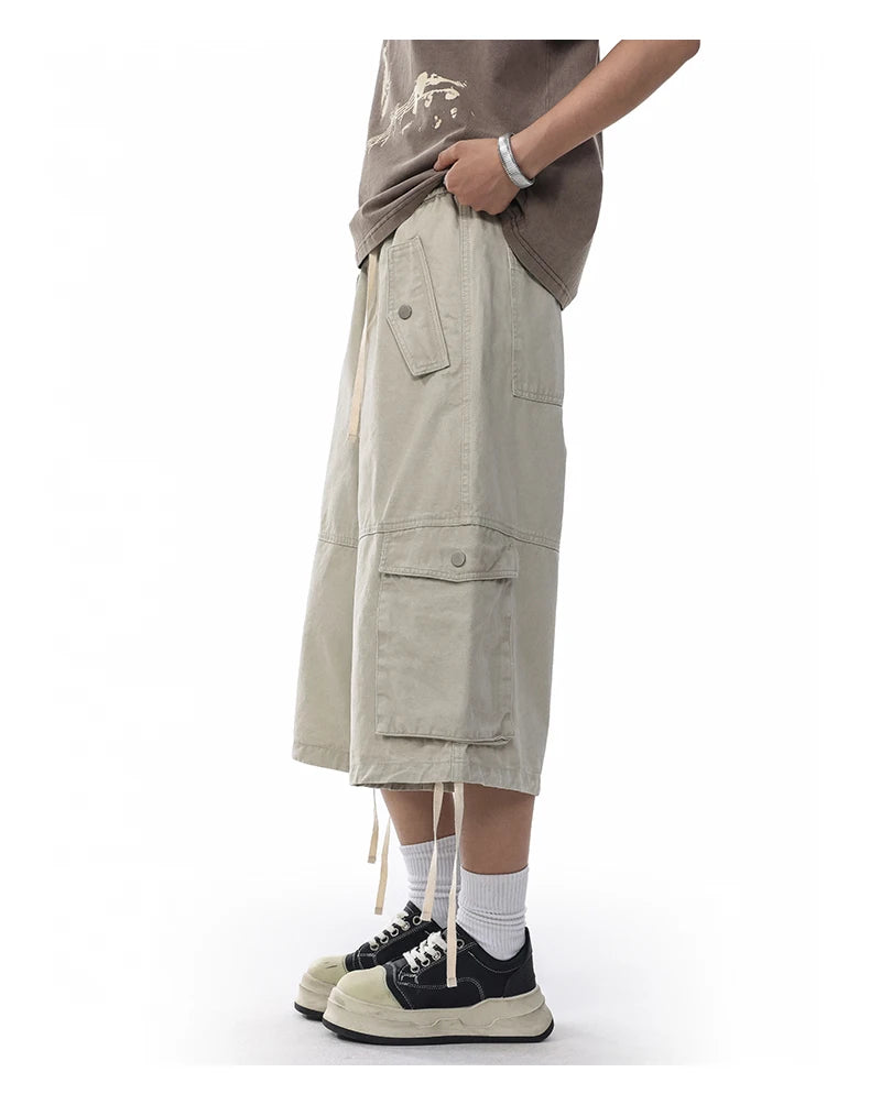 Unisex Wide-Leg Cargo Pants – Washed Cotton Baggy Calf-Length Streetwear Trousers