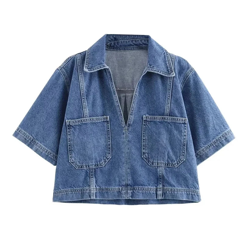 Women’s Blue Denim Cropped Shirt – Y2K Short Sleeve Top
