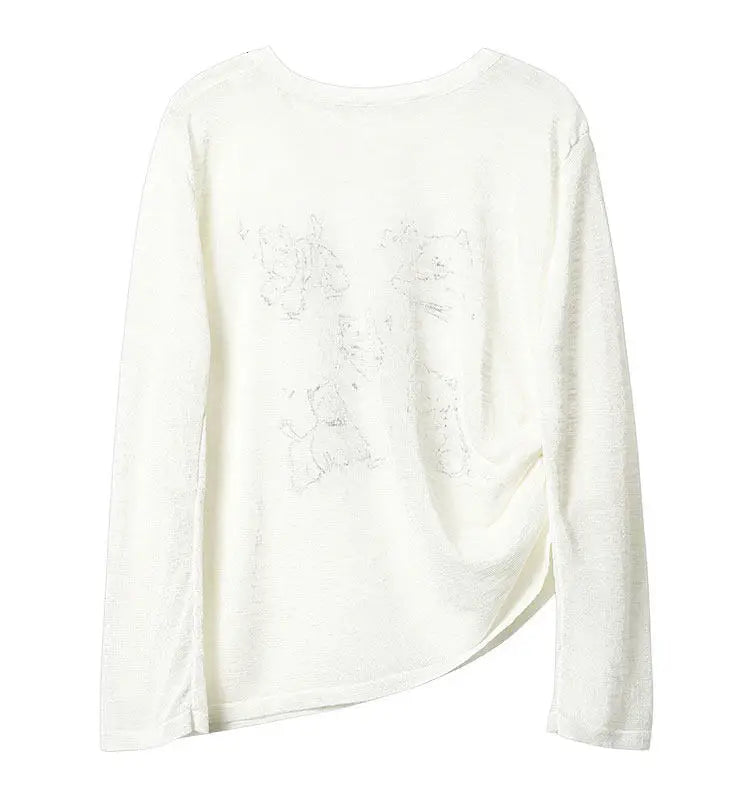 Women’s Korean Dog Print T-Shirt – Cute Casual Long Sleeve White Top, Lightweight Sun Protection Summer Tee